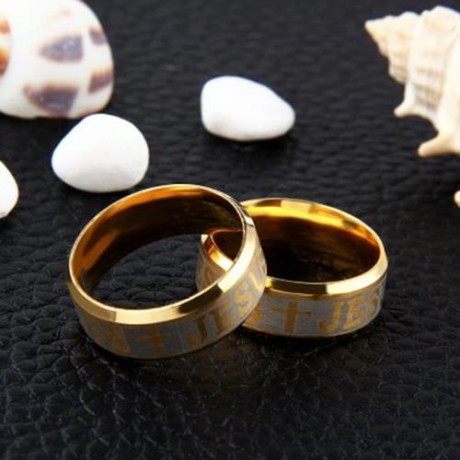 LETTER CROSS EMBELLISHMENT STAINLESS STEEL RINGS FOR MEN (GOLDEN)
