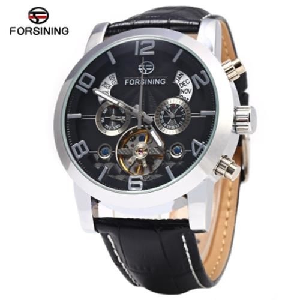 FORSINING A165 TOURBILLON AUTOMATIC MECHANICAL WATCH FOR MEN LEATHER BAND DATE WEEK MONTH 