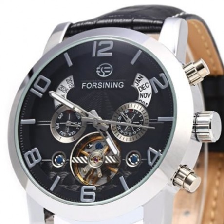 FORSINING A165 TOURBILLON AUTOMATIC MECHANICAL WATCH FOR MEN LEATHER BAND DATE WEEK MONTH 