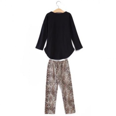 FASHIONABLE ROUND COLLAR LONG SLEEVE LEOPARD PRINT ASYMMETRICAL TWINSET FOR GIRLS (BLACK)