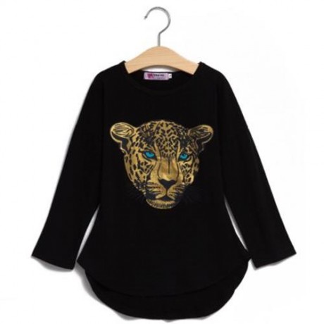 FASHIONABLE ROUND COLLAR LONG SLEEVE LEOPARD PRINT ASYMMETRICAL TWINSET FOR GIRLS (BLACK)