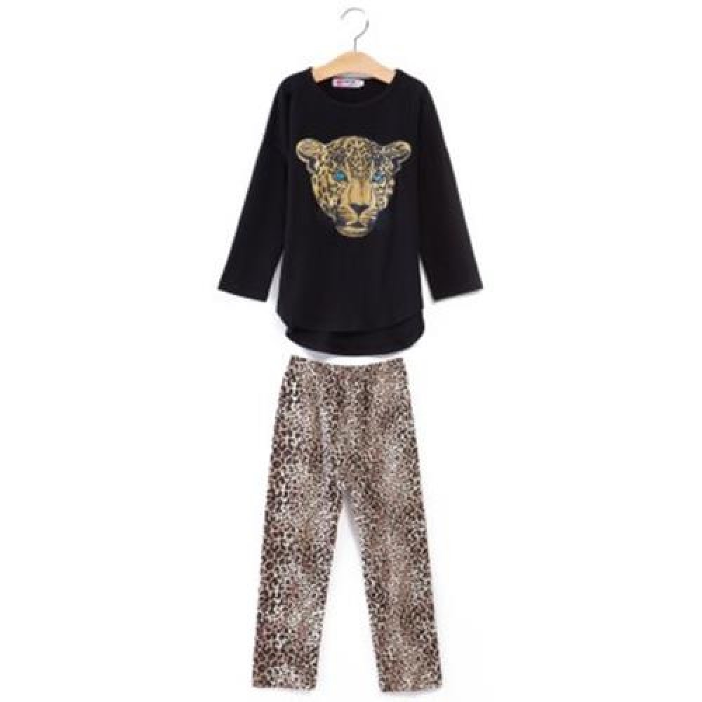 FASHIONABLE ROUND COLLAR LONG SLEEVE LEOPARD PRINT ASYMMETRICAL TWINSET FOR GIRLS (BLACK) FASHIONABLE ROUND COLLAR LONG SLEEVE LEOPARD PRINT ASYMMETRICAL TWINSET FOR GIRLS (BLACK)
