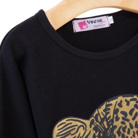 FASHIONABLE ROUND COLLAR LONG SLEEVE LEOPARD PRINT ASYMMETRICAL TWINSET FOR GIRLS (BLACK)