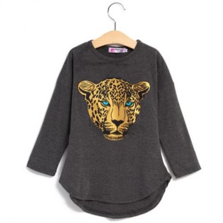 FASHIONABLE ROUND COLLAR LONG SLEEVE LEOPARD PRINT ASYMMETRICAL TWINSET FOR GIRLS (GRAY)