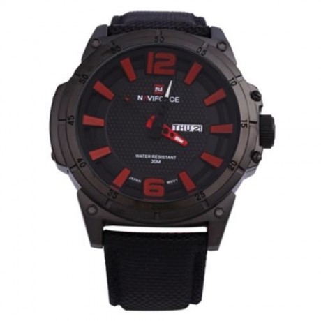 NAVIFORCE 9066 MALE QUARTZ WATCH NYLON BAND DATE DAY 30M WATER RESISTANCE (RED WITH BLACK)