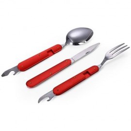 FOLDABLE STAINLESS STEEL 3 PIECE TABLEWARE OUTDOOR TRAVEL CAMPING HIKING TOOL (RED)