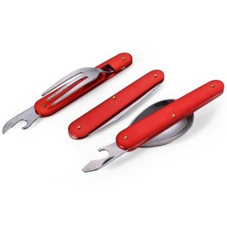 FOLDABLE STAINLESS STEEL 3 PIECE TABLEWARE OUTDOOR TRAVEL CAMPING HIKING TOOL (RED)