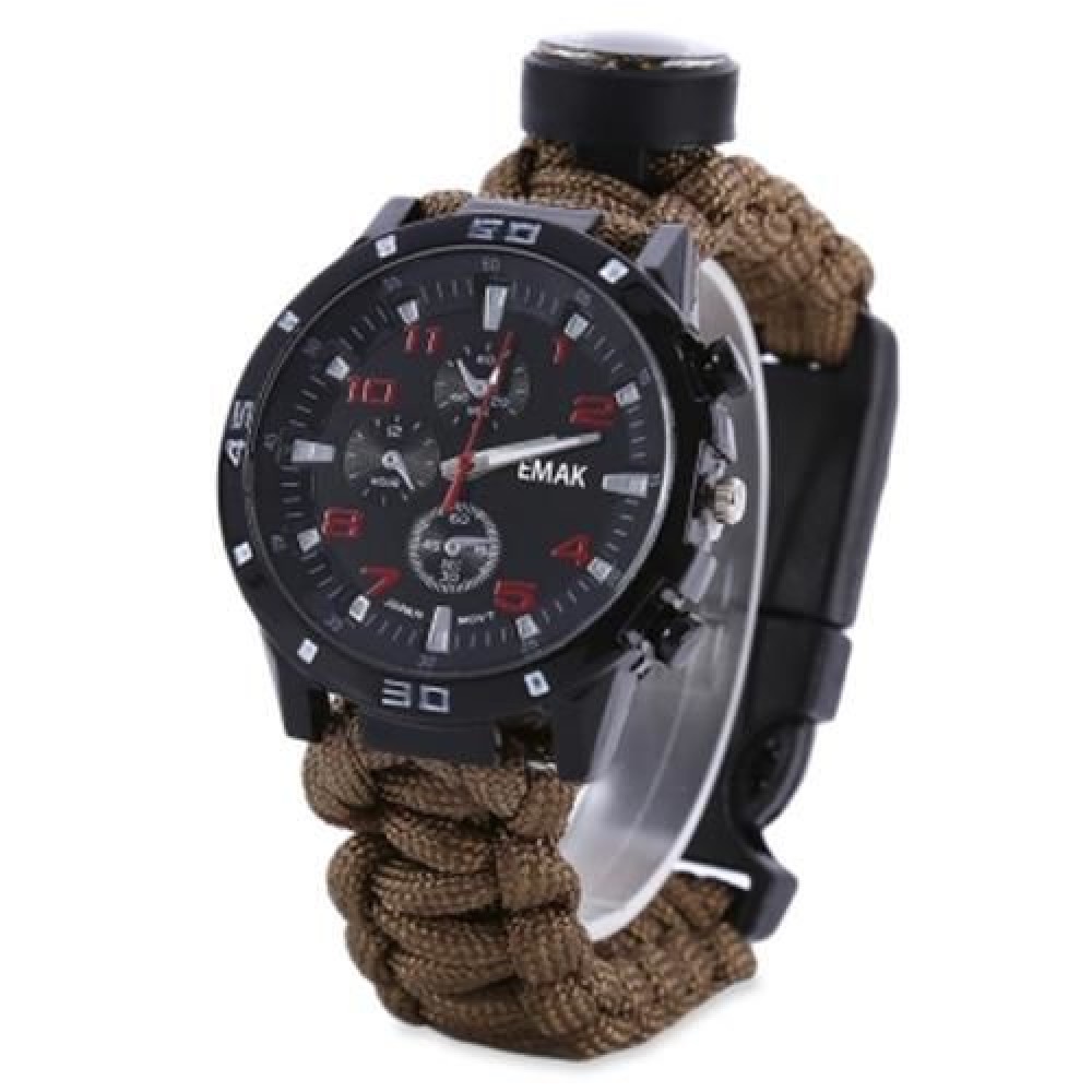 EMAK OUTDOOR SURVIVAL WATCH BRACELET WITH COMPASS FLINT FIRE STARTER PARACORD THERMOMETER EMAK OUTDOOR SURVIVAL WATCH BRACELET WITH COMPASS FLINT FIRE STARTER PARACORD THERMOMETER