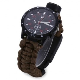 EMAK OUTDOOR SURVIVAL WATCH BRACELET WITH COMPASS FLINT FIRE STARTER PARACORD THERMOMETER 