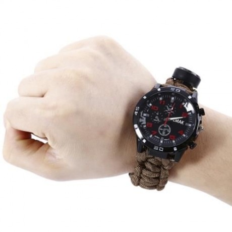 EMAK OUTDOOR SURVIVAL WATCH BRACELET WITH COMPASS FLINT FIRE STARTER PARACORD THERMOMETER 