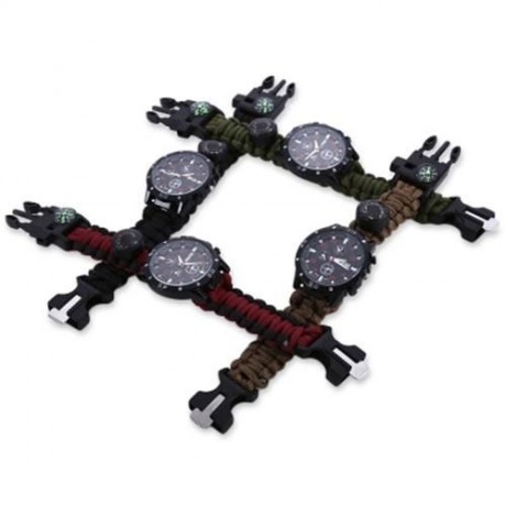 EMAK OUTDOOR SURVIVAL WATCH BRACELET WITH COMPASS FLINT FIRE STARTER PARACORD THERMOMETER 