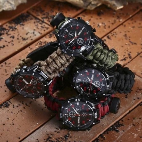 EMAK OUTDOOR SURVIVAL WATCH BRACELET WITH COMPASS FLINT FIRE STARTER PARACORD THERMOMETER 