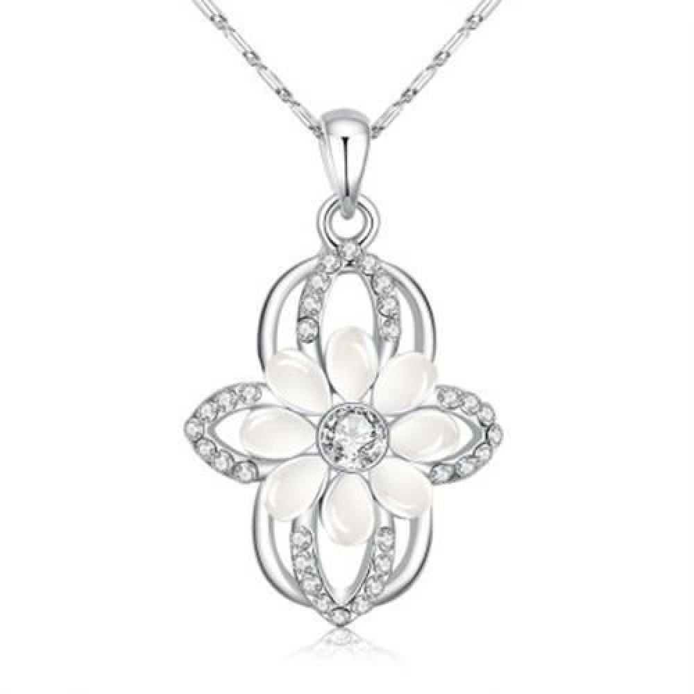 FLOWER DESIGN FAUX OPAL ZIRCON EMBELLISHED PENDANT NECKLACE FOR WOMEN (SILVER)