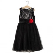 SWEET ROUND COLLAR SLEEVELESS SOLID COLOR GAUZE SEQUINS FLOWER DECORATION GIRLS DRESS (BLA