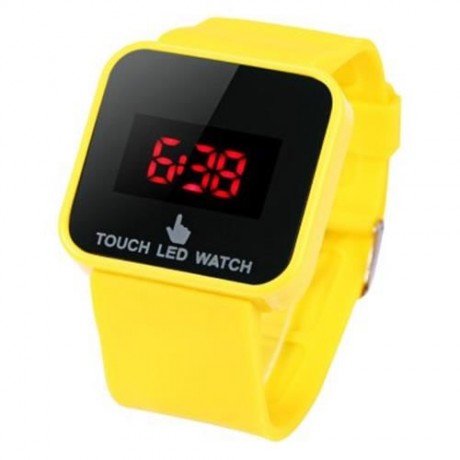LED TOUCH WATCH RED DIGITAL WRISTWATCH RUBBER WRISTBAND RECTANGLE DIAL (YELLOW)