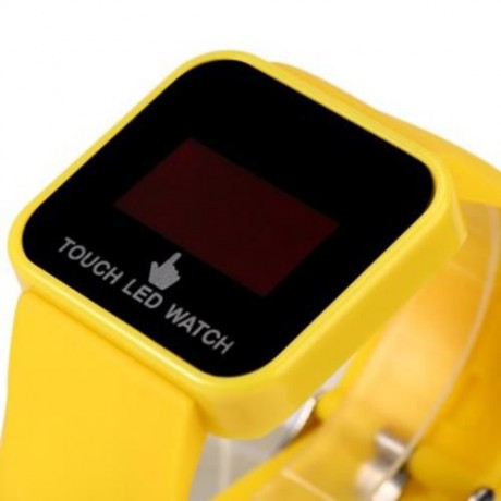 LED TOUCH WATCH RED DIGITAL WRISTWATCH RUBBER WRISTBAND RECTANGLE DIAL (YELLOW)