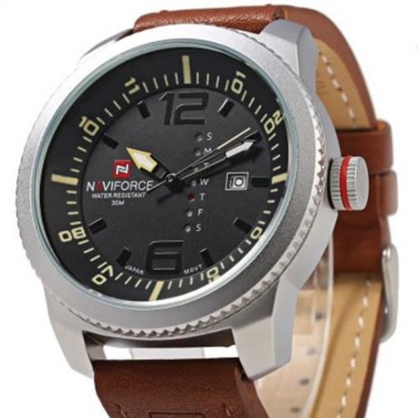 NAVIFORCE NF 9063M MALE QUARTZ WATCH BLACK CASE CALENDAR DISPLAY DIAL LEATHER BAND WRISTWA