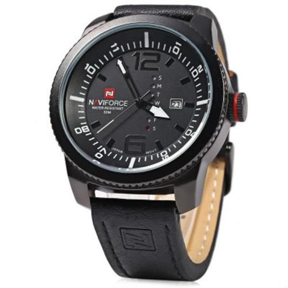 NAVIFORCE 9063M MALE QUARTZ WATCH BLACK CASE CALENDAR DISPLAY DIAL LEATHER BAND WRISTWATCH