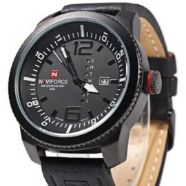 NAVIFORCE 9063M MALE QUARTZ WATCH BLACK CASE CALENDAR DISPLAY DIAL LEATHER BAND WRISTWATCH