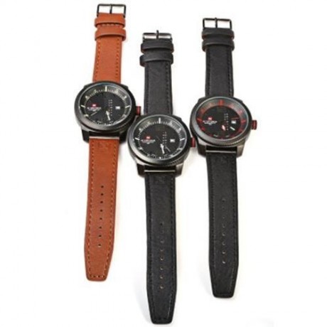 NAVIFORCE 9063M MALE QUARTZ WATCH BLACK CASE CALENDAR DISPLAY DIAL LEATHER BAND WRISTWATCH