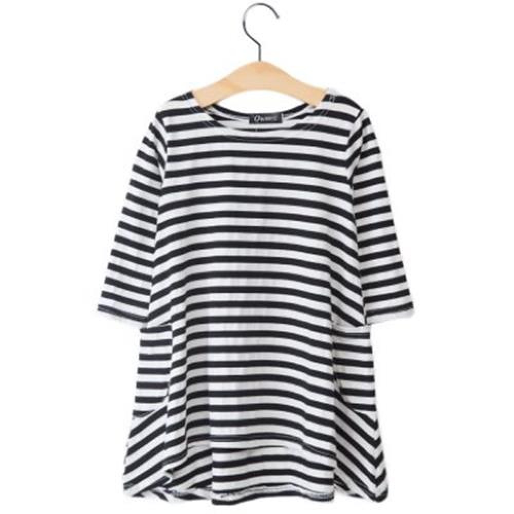 ZEBRA STRIPES LONG SLEEVE COTTON GIRLS DRESS WITH POCKETS (WHITE AND BLACK)