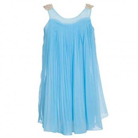 CUTE SOLID COLOR COL CLAUDINE SLEEVELESS SEQUINS CHIFFON RUFFLE DRESS FOR GIRLS (LIGHT BLU