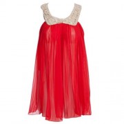 CUTE SOLID COLOR COL CLAUDINE SLEEVELESS SEQUINS CHIFFON RUFFLE DRESS FOR GIRLS (RED)