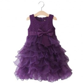 PRINCESS ROUND COLLAR SLEEVELESS BEAD BOWKNOT PATCHWORK DESIGN BALL GOWN DRESS FOR GIRLS (