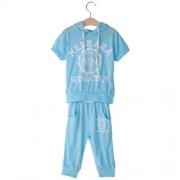 SHORT-SLEEVE T-SHIRT HOODIES UNISEX LETTER PRINT SOFT COTON SPORT SUIT FOR KIDS (LIGHT BLU