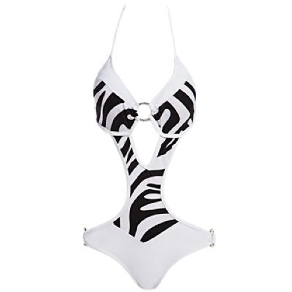 SEXY BIKINI ZEBRA PRINT RHINESTONE EMBELLISHED WIRE LOOP ONE PIECE SWIMMING SUIT FOR LADY 