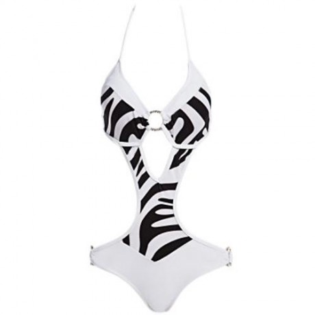 SEXY BIKINI ZEBRA PRINT RHINESTONE EMBELLISHED WIRE LOOP ONE PIECE SWIMMING SUIT FOR LADY 