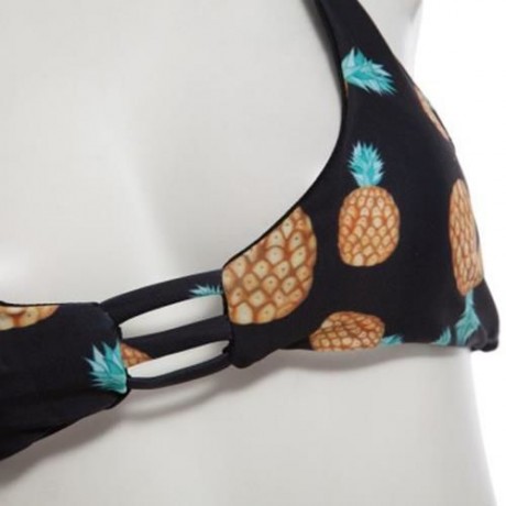 WOMEN SEXY REVERSIBLE SPAGHETTI STRAP PINEAPPLE PATTERN PADDING BIKINI SET SWIMWEAR (BLACK