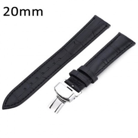 20MM LEATHER WATCH BAND BUTTERFLY CLASP STRAP (BLACK)