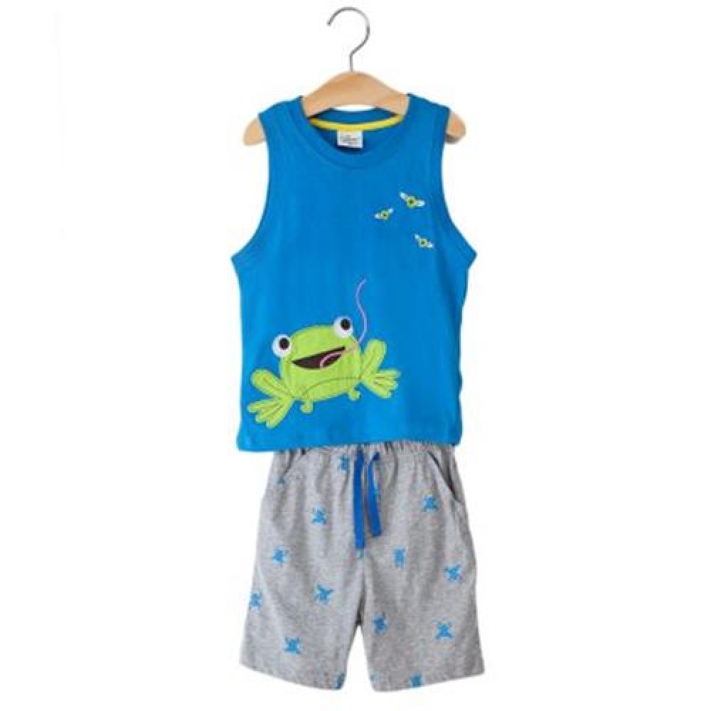 2PCS ROUND NECK SLEEVELESS FROG PRINTED COTTON T-SHIRT SUIT WITH HALF PANTS FOR BOYS (BLUE 2PCS ROUND NECK SLEEVELESS FROG PRINTED COTTON T-SHIRT SUIT WITH HALF PANTS FOR BOYS (BLUE