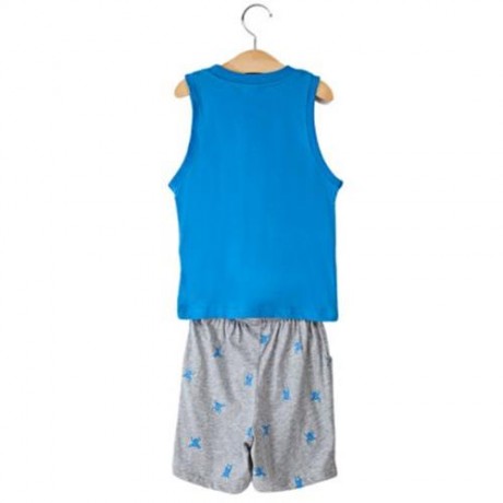 2PCS ROUND NECK SLEEVELESS FROG PRINTED COTTON T-SHIRT SUIT WITH HALF PANTS FOR BOYS (BLUE