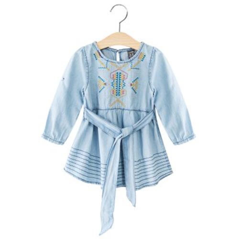 BREATHABLE ROUND NECK LONG SLEEVE EMBROIDERED DENIM DRESS FOR GIRLS (DENIM BLUE)