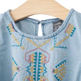 BREATHABLE ROUND NECK LONG SLEEVE EMBROIDERED DENIM DRESS FOR GIRLS (DENIM BLUE)