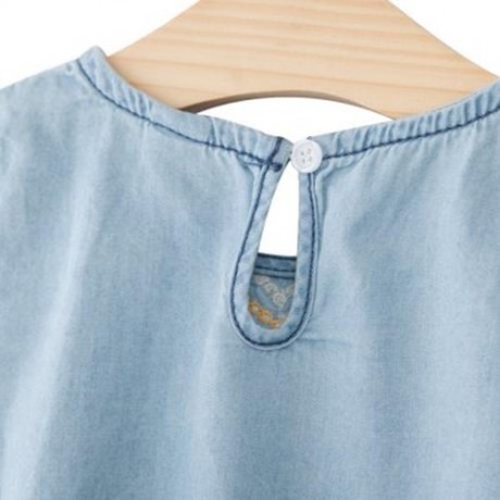 BREATHABLE ROUND NECK LONG SLEEVE EMBROIDERED DENIM DRESS FOR GIRLS (DENIM BLUE)