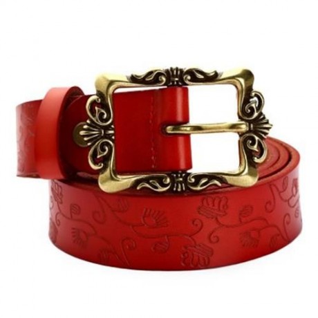 VINTAGE WOMEN GENUINE LEATHER FLOWER PRINT METAL BUTTON BELT (RED)