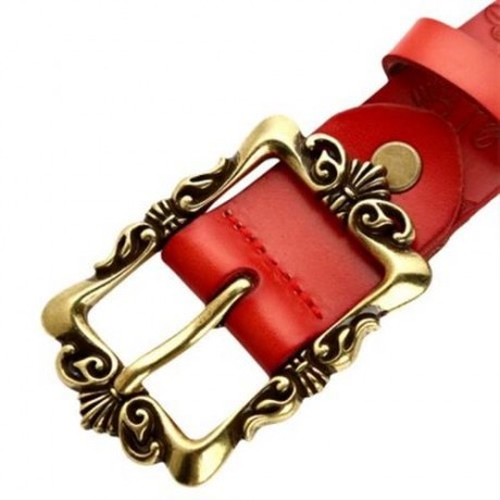 VINTAGE WOMEN GENUINE LEATHER FLOWER PRINT METAL BUTTON BELT (RED)