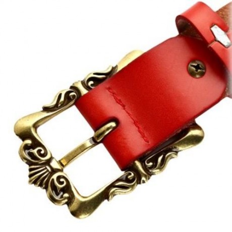 VINTAGE WOMEN GENUINE LEATHER FLOWER PRINT METAL BUTTON BELT (RED)