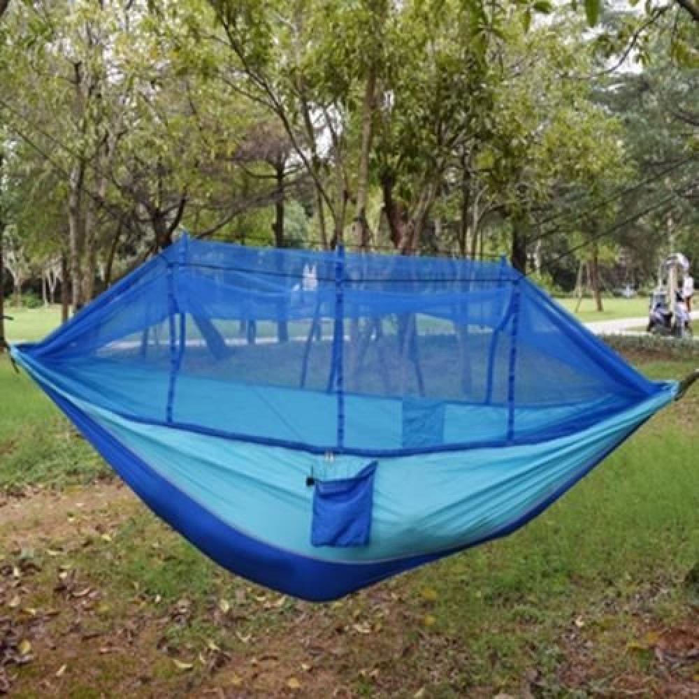 SINGLE PERSON PORTABLE PARACHUTE FABRIC MOSQUITO NET HAMMOCK FOR INDOOR OUTDOOR USE (BLUE) SINGLE PERSON PORTABLE PARACHUTE FABRIC MOSQUITO NET HAMMOCK FOR INDOOR OUTDOOR USE (BLUE)