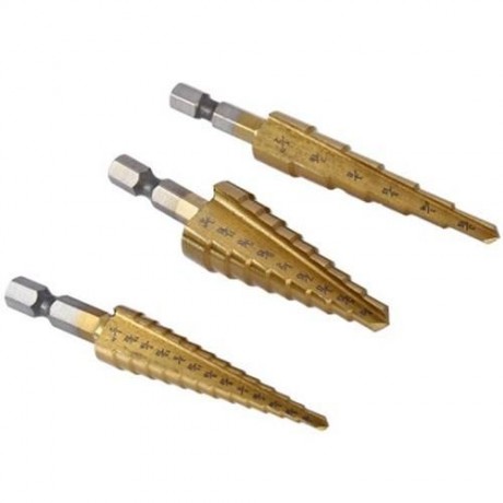 3PCS HSS 6541 HEX SHANK STEP CONE DRILL BIT SET TITANIUM COATED HOLE CUTTER (GOLDEN)