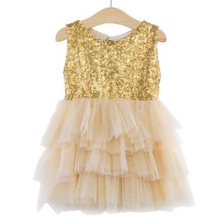 SWEET ROUND COLLAR SLEEVELESS SEQUINS GAUZE BIG BOWKNOT TUTU DRESS FOR GIRLS (CHAMPAGNE)