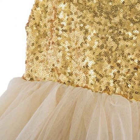 SWEET ROUND COLLAR SLEEVELESS SEQUINS GAUZE BIG BOWKNOT TUTU DRESS FOR GIRLS (CHAMPAGNE)