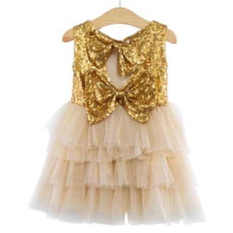 SWEET ROUND COLLAR SLEEVELESS SEQUINS GAUZE BIG BOWKNOT TUTU DRESS FOR GIRLS (CHAMPAGNE)