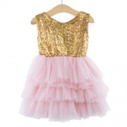 SWEET ROUND COLLAR SLEEVELESS SEQUINS GAUZE BIG BOWKNOT TUTU DRESS FOR GIRLS (PINK)