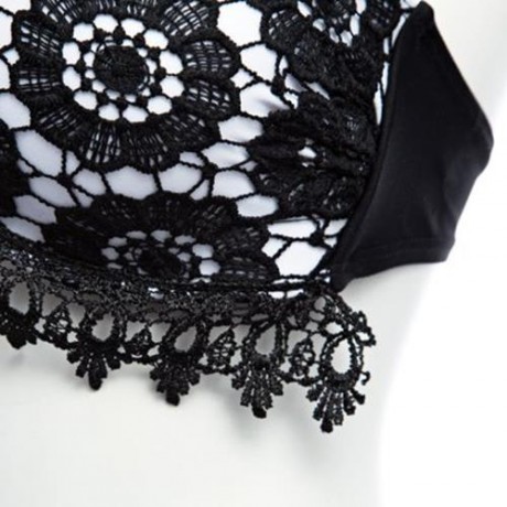 SEXY STRAPLESS FLORAL LOW WAIST PRINTED LACE-UP BIKINI SET FOR WOMEN (BLACK)