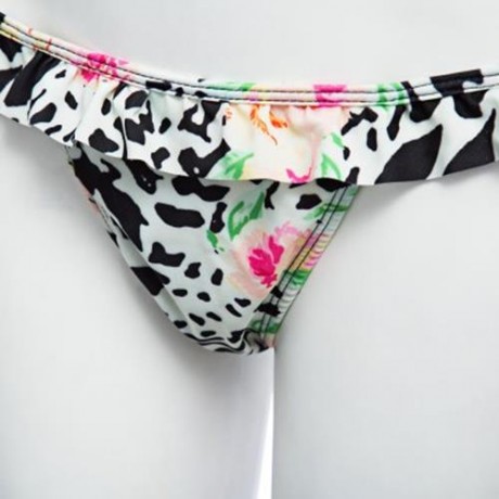 SEXY STRAPLESS FLORAL LOW WAIST PRINTED LACE-UP BIKINI SET FOR WOMEN (BLACK)