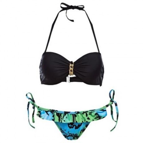 SEXY STRAPLESS PADDED PUSH UP BRA LOW WAIST PRINTED FRINGED BRIEFS BIKINI SET FOR WOMEN (B